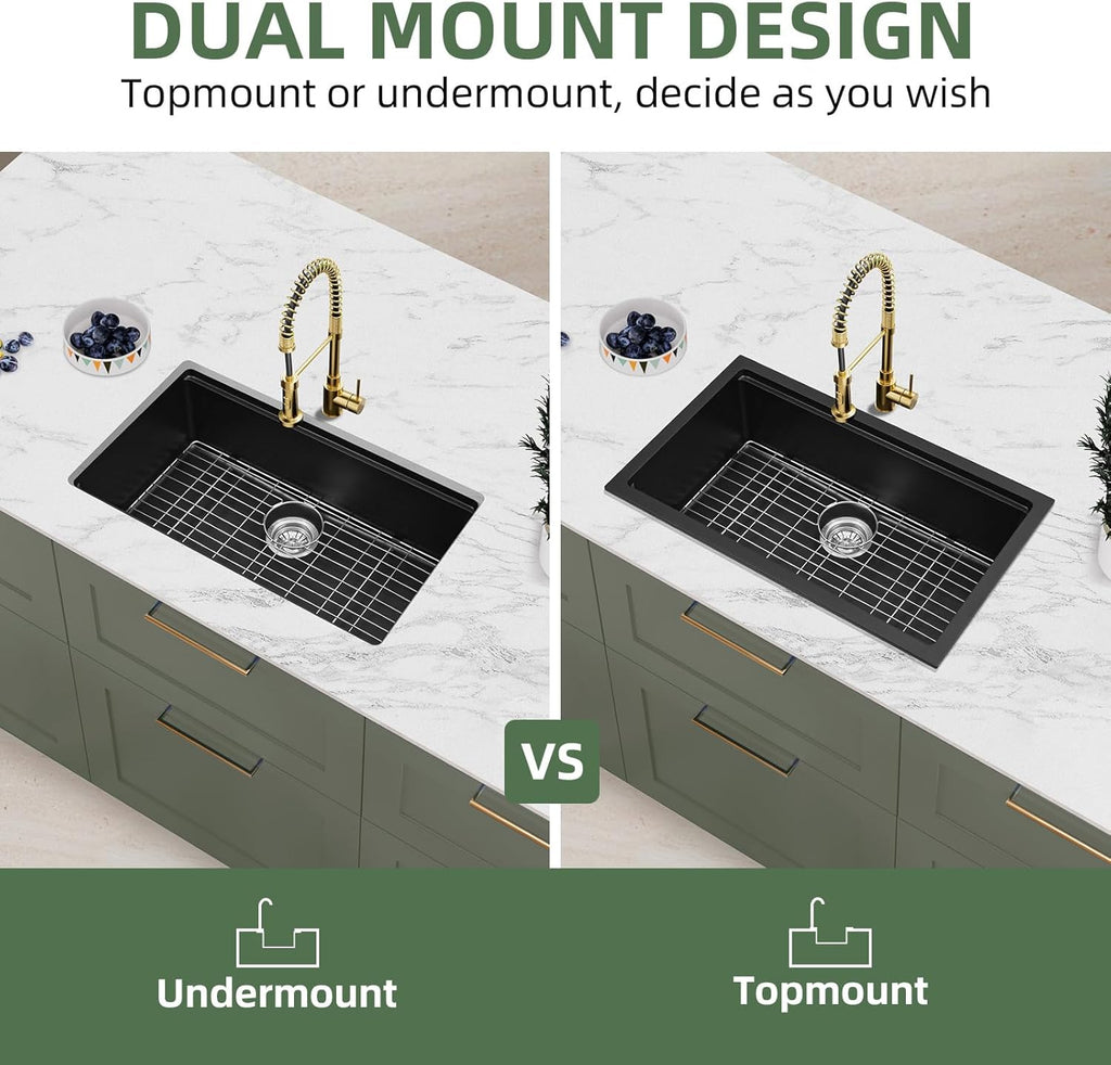 30 Inch Black Granite Sink Workstation, 30 x 18 Black Undermount/Drop Sink, Deep Quartz Composite Single Bowl with