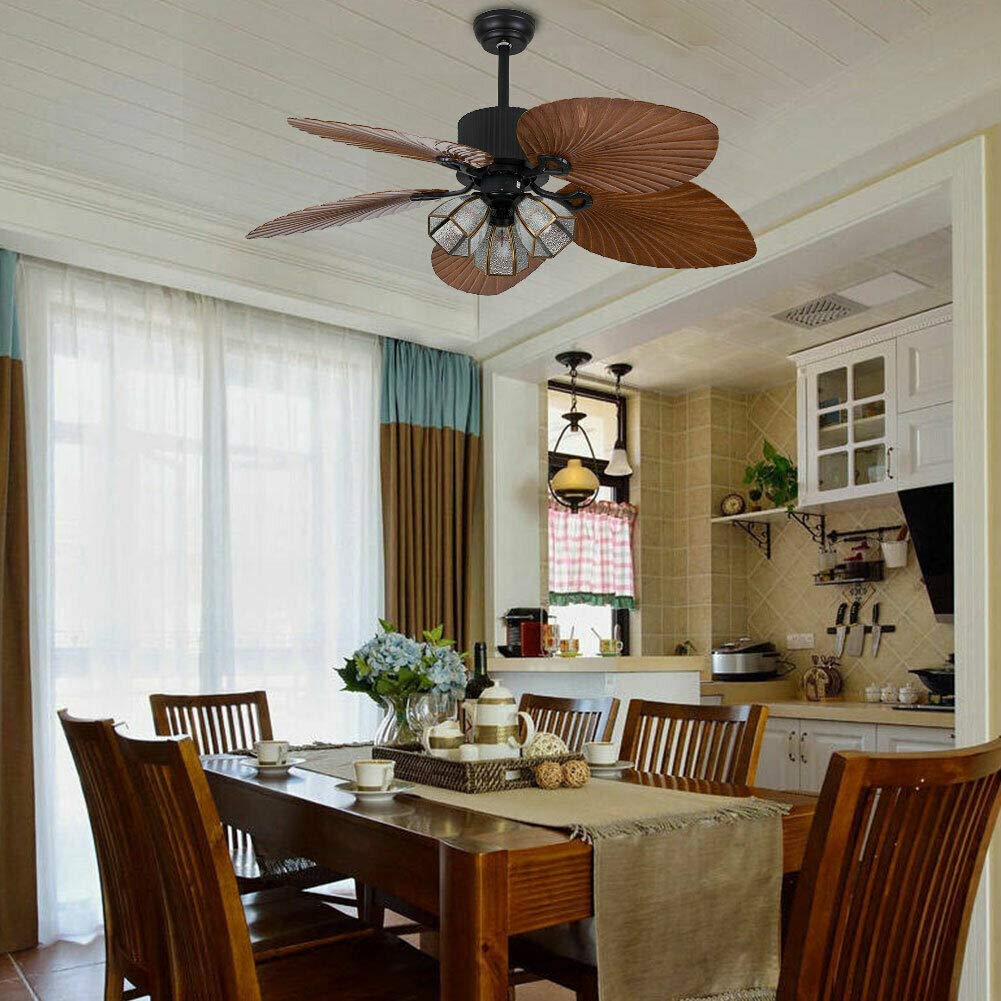 Palm Ceiling Fan Light, 52 Inch Remote Control Ceiling Fan Chandelier 5 Bronze Royal Palm Leaf Shape Blades Fixtures