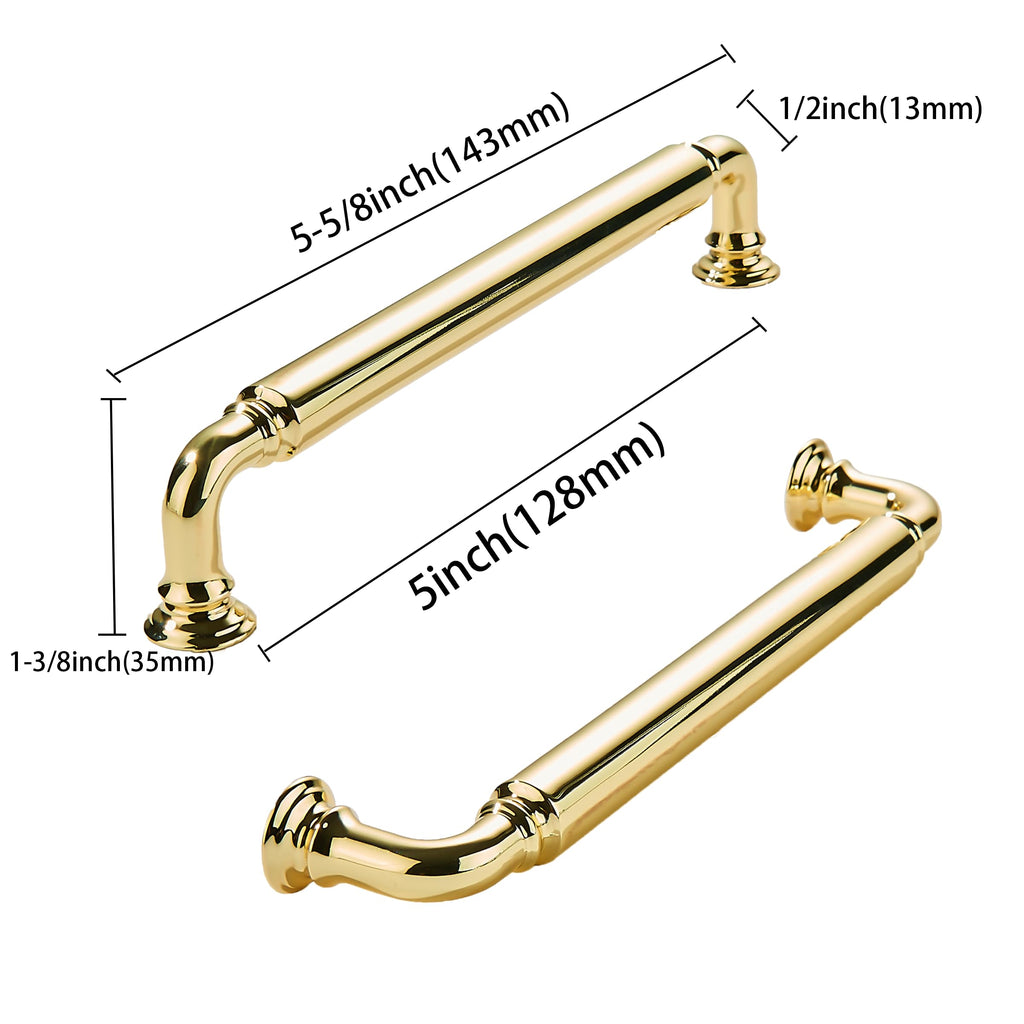 Polished Brass Heavy-Duty Solid Cabinet Pulls, 5 Inch (128mm) Hole Center,Polished Gold Drawer Pulls, Cabinet