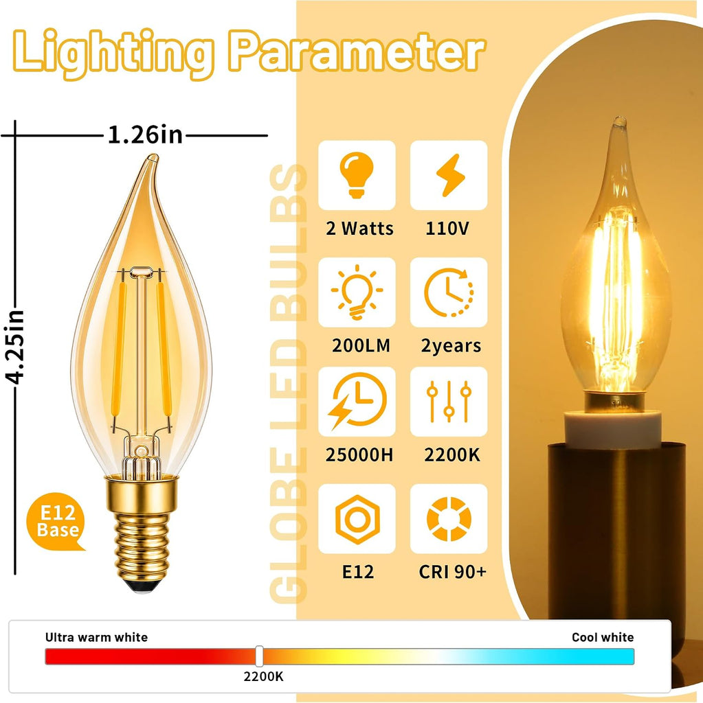 CA10 E12 LED Candelabra Light Bulbs 25W Equiv.Amber,2200K,200LM