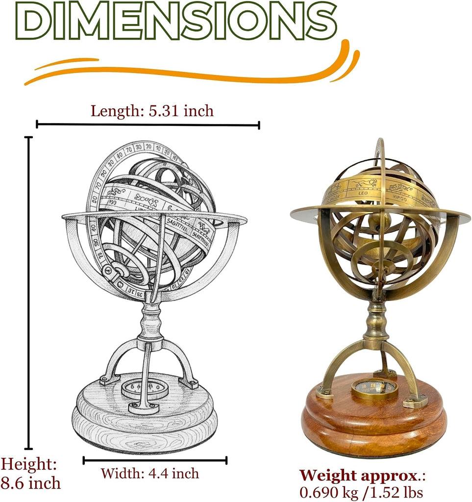 Armillary Sphere Globe with Celestial Engravings, Compass at Center for Authentic Navigation, and a Sturdy Elegant