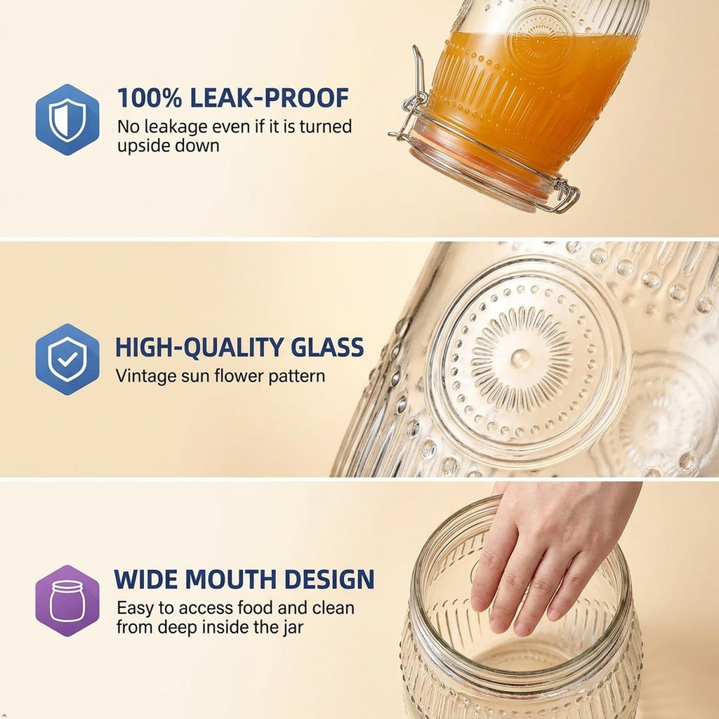 Wide Mouth Vintage Mason Jars with Airtight Lid 32oz Canister 6-Pack