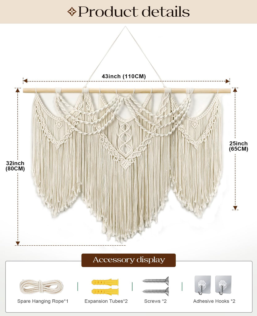 Macrame Wall Hanging, 43"x32" Boho Wall Tapestry, Large Wall Art, Gallery, Office (Tassel)
