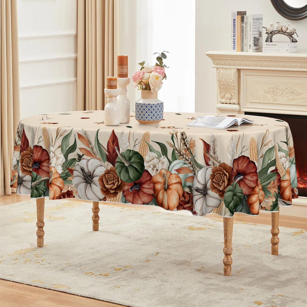 Fall Tablecloth 60 x 84 Inch Oval Flower Autumn Harvest Pumpkin