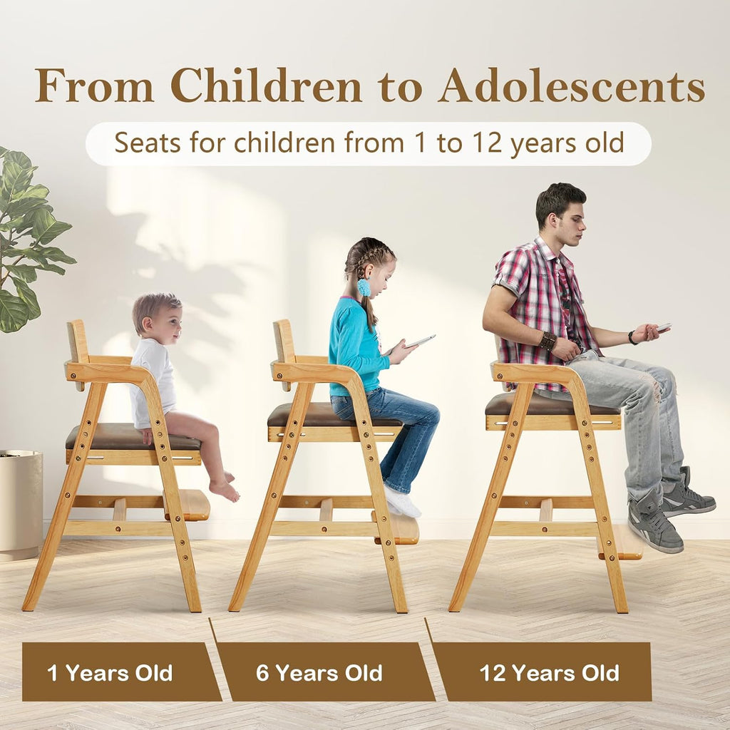 Toddler High Chair Wooden Dining Chair with Padded Seat Natural | Adjustable Kids Dining Chair for Dining Table