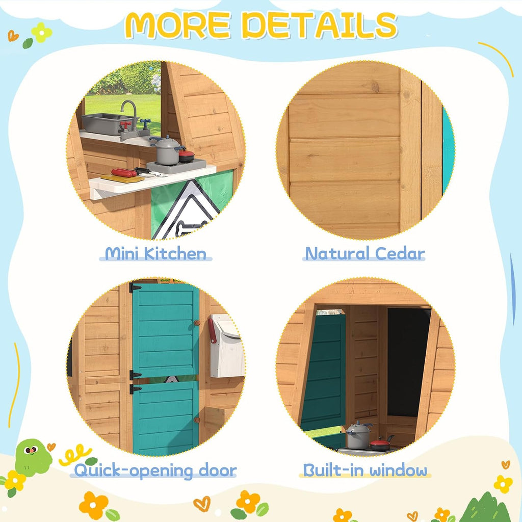 Wooden Kids Playhouse Cottage with Bench, Split Door, Mailbox, Blackboard, Toy Sink & Kitchen Playset, 70.9" x 50.4"