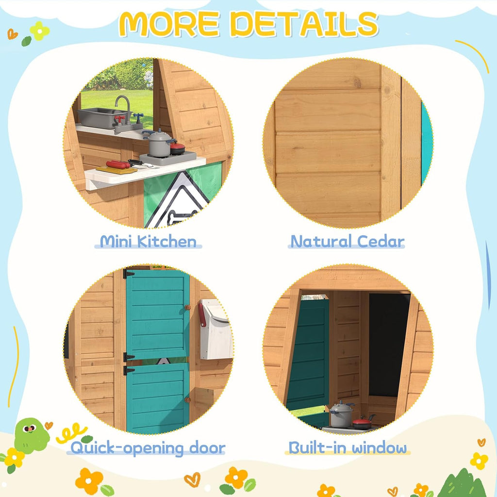 Wooden Outdoor Playhouse for Kids, Finnish Spruce Backyard Cottage with Kitchen Playset, Mailbox, Bench & Blackboard
