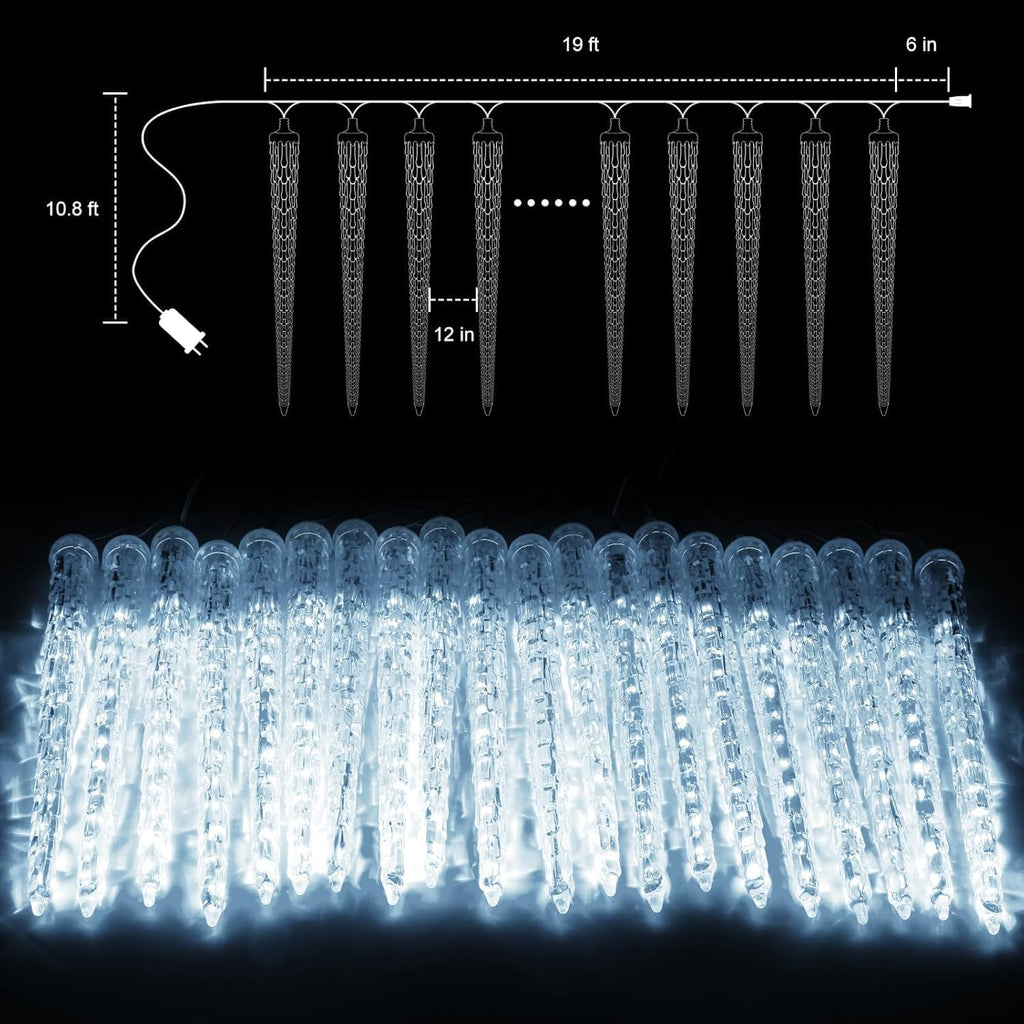 Christmas Icicle Lights Outdoor, 19.8Ft with 20 Large Tube 480 LED Meteor Shower Dropping Effect, Waterproof Icicle