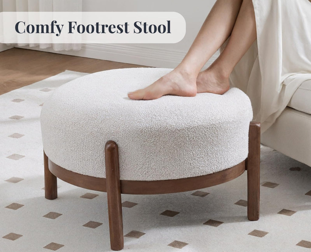 29" Round Ottoman Modern Boucle Upholstered Footstool Mid Century Large Footrest with Wooden Legs Soft Circle Ottoman