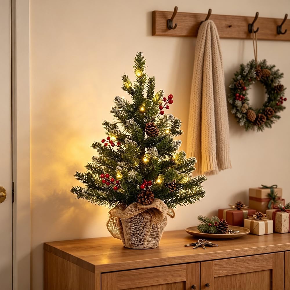 2 FT Mini Christmas Tree, 24" PE Prelit Small Artificial Tabletop Snow Flocked Christmas Trees Decor with 20 Lights