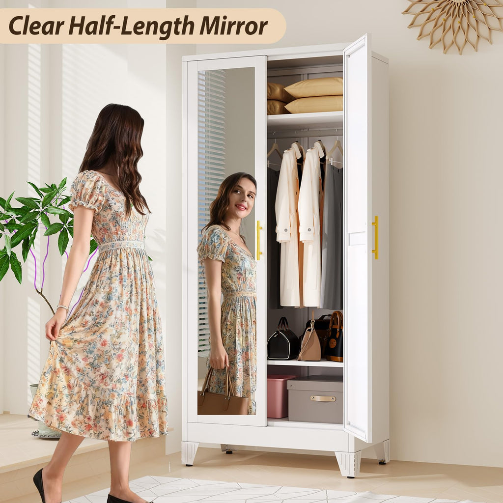 Metal Wardrobe Storage Cabinet with Mirror and Hanging Rod,71'' Metal Clothing Cabinet with 2 Doors and 2 Adjustable