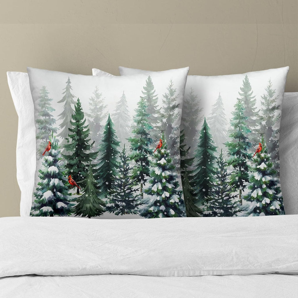 Winter Watercolor Snowflake Throw Pillow Covers 18X18 Inches Green Pine Tree Forest Red Bird Pillowcase Soft - Set of 2