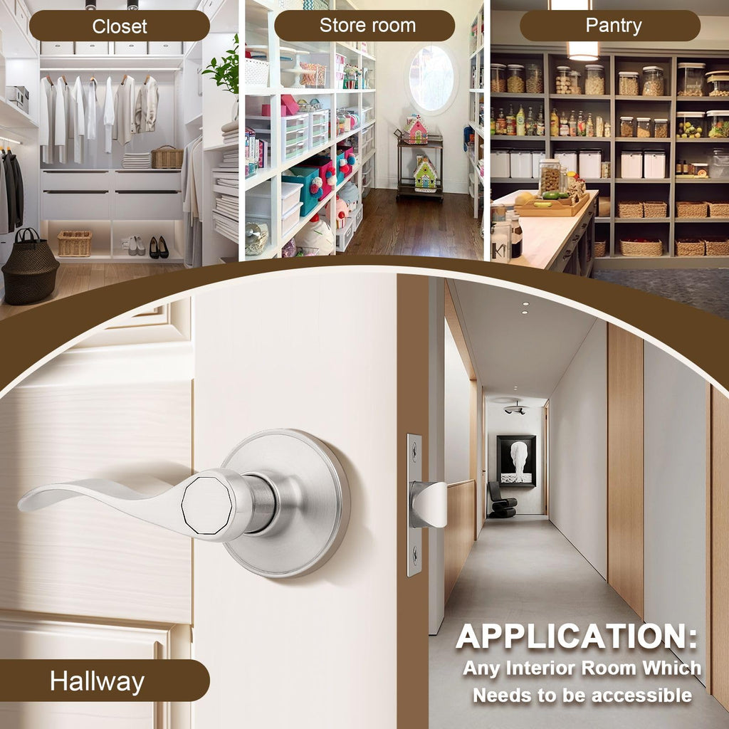 8 Pack Brushed Nickel Finish Keyless Interior Door Handle, Classic Passage Door Lever Closet, Non-Locking Wave Style