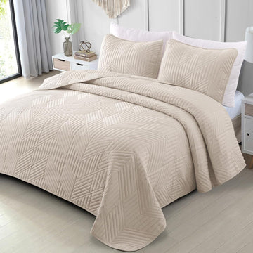 Ultrasonic Full Queen Quilt Bedding Set, Lightweight Brich Beige Bedspreads Soft Modern Geometric Coverlet Set for