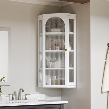 Bathroom Corner Wall Cabinet, Large Metal Medicine Cabinet with Glass Doors and Shelves, Hanging Corner Storage