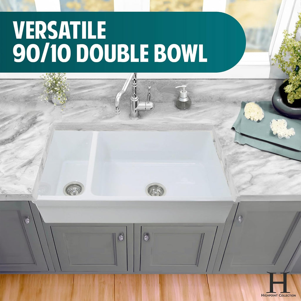 White Farmhouse Sink, 36" Farm Kitchen Sink, Fireclay | Apron Front, 90/10 Double Bowl, Reversible, Undermount, Made