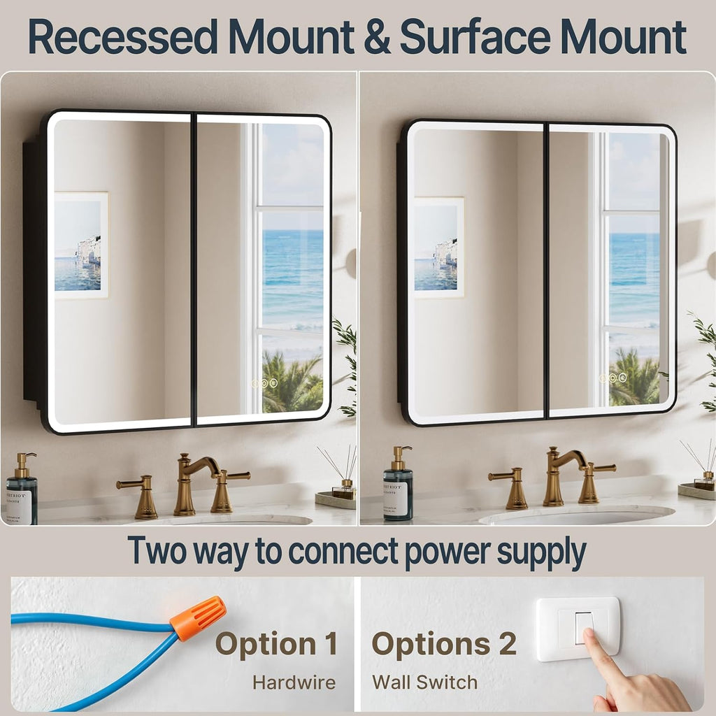32x30 Inch Medicine Cabinet with Mirror and Lights , Black | Recessed or Surface Mount, Anti-Fog, Memory Function