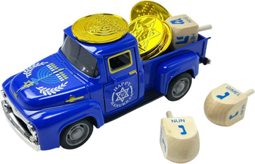 Hanukkah Truck Decor with 3 Wooden Dreidels and Gold Gelt Coins, 5.7-Inch