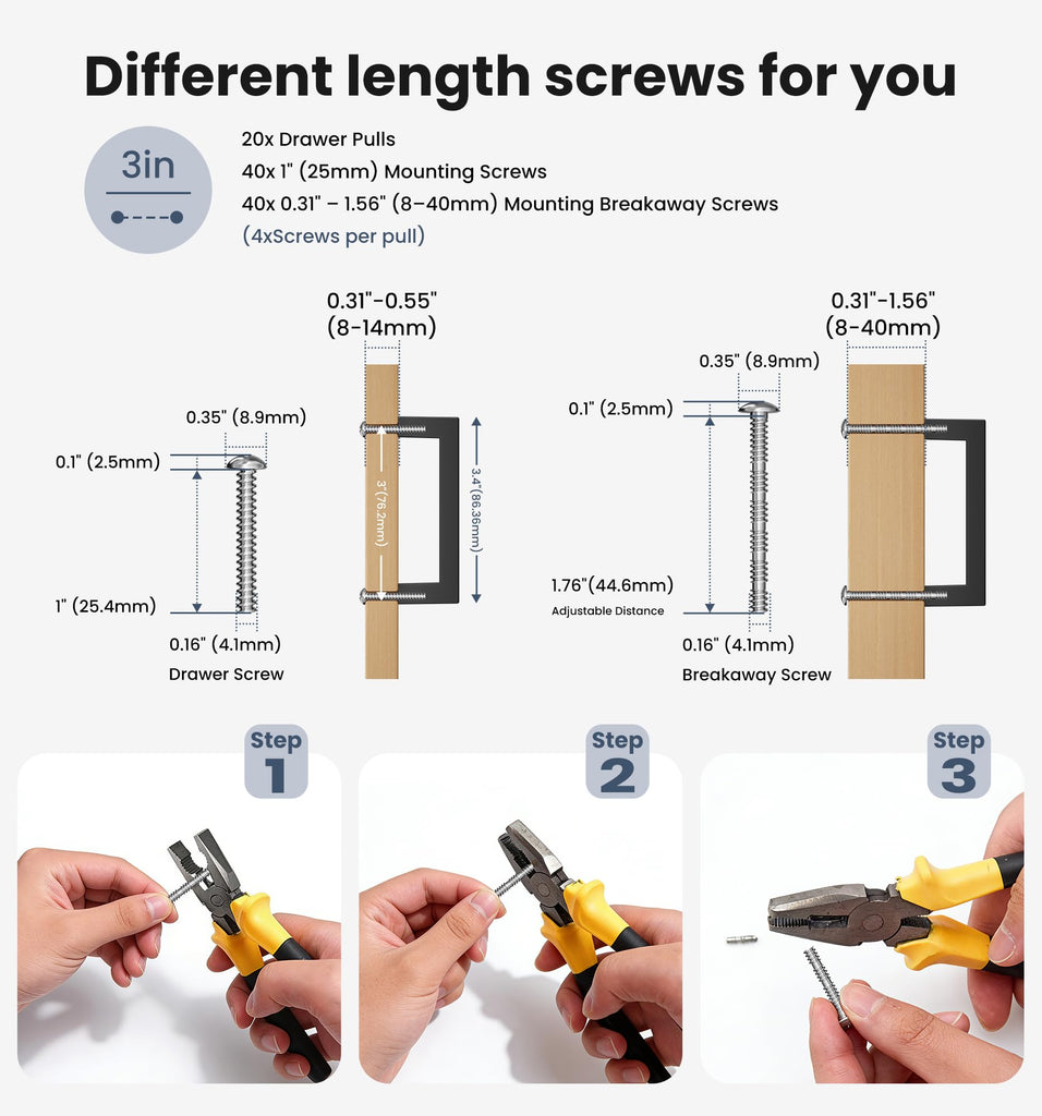 Matte Black Cabinet Handles, 3 Inch CC, Solid Kitchen Pulls, 20 Pack