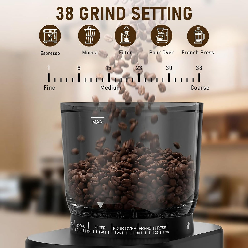 Coffee Grinder, Electric Coffee Bean Grinder with Anti-Static Design, 38 Settings Burr Grinder, 60S Timer, Espresso