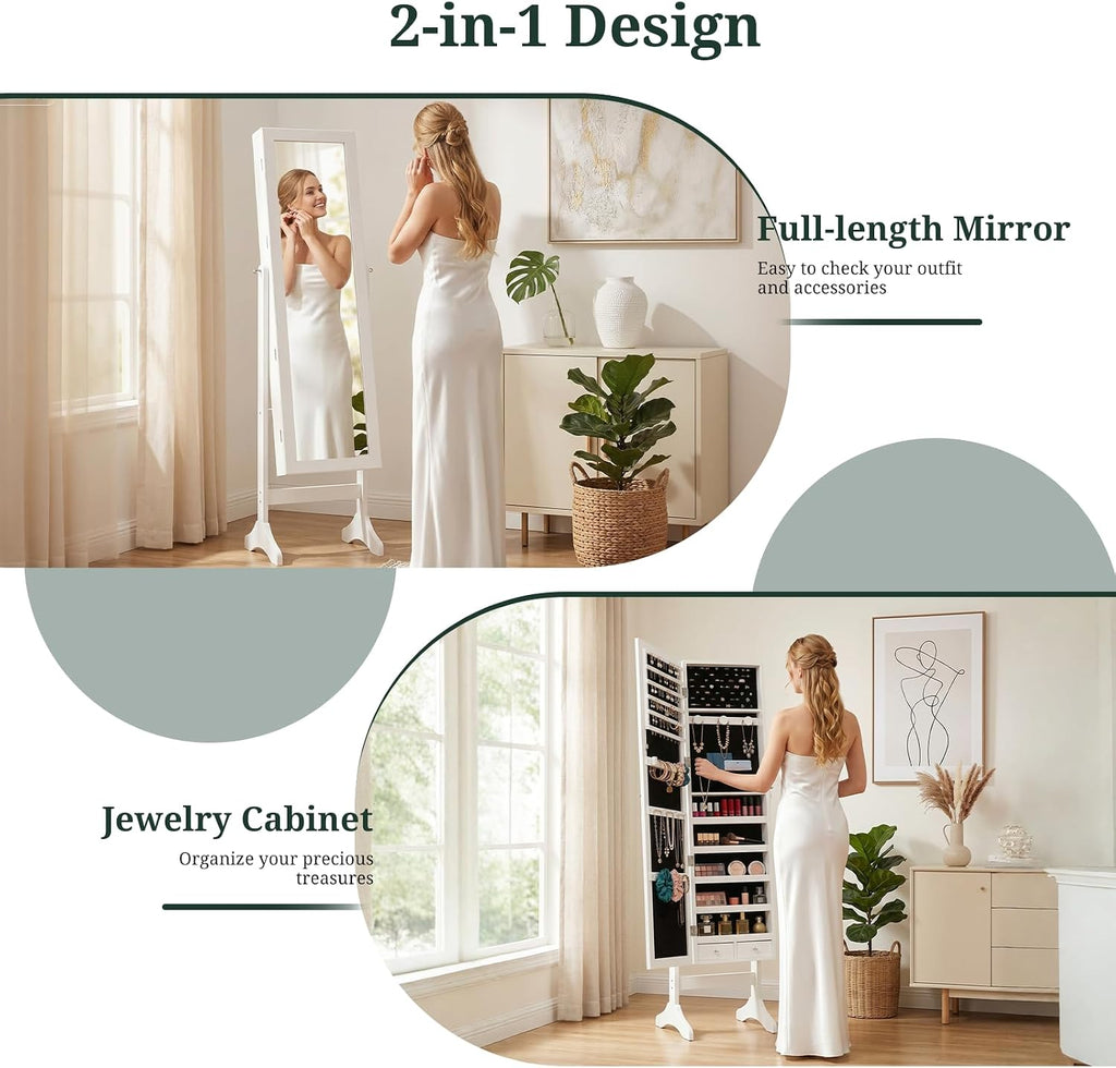 Freestanding Jewelry Armoire Cabinet, 47.3" Full Length Mirror Jewelry Organizer, Lockable Standing Jewelry