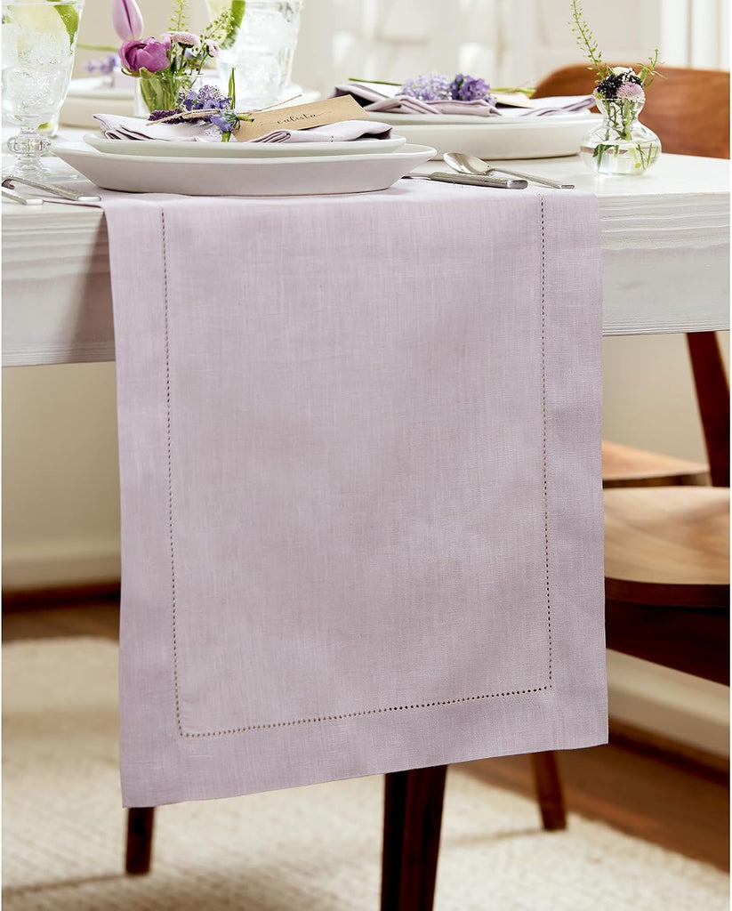 100% Linen Table Runner Lilac, Classic Hemstitch 14 x 108 in | Table Runners for 8-10 seater dining tables and