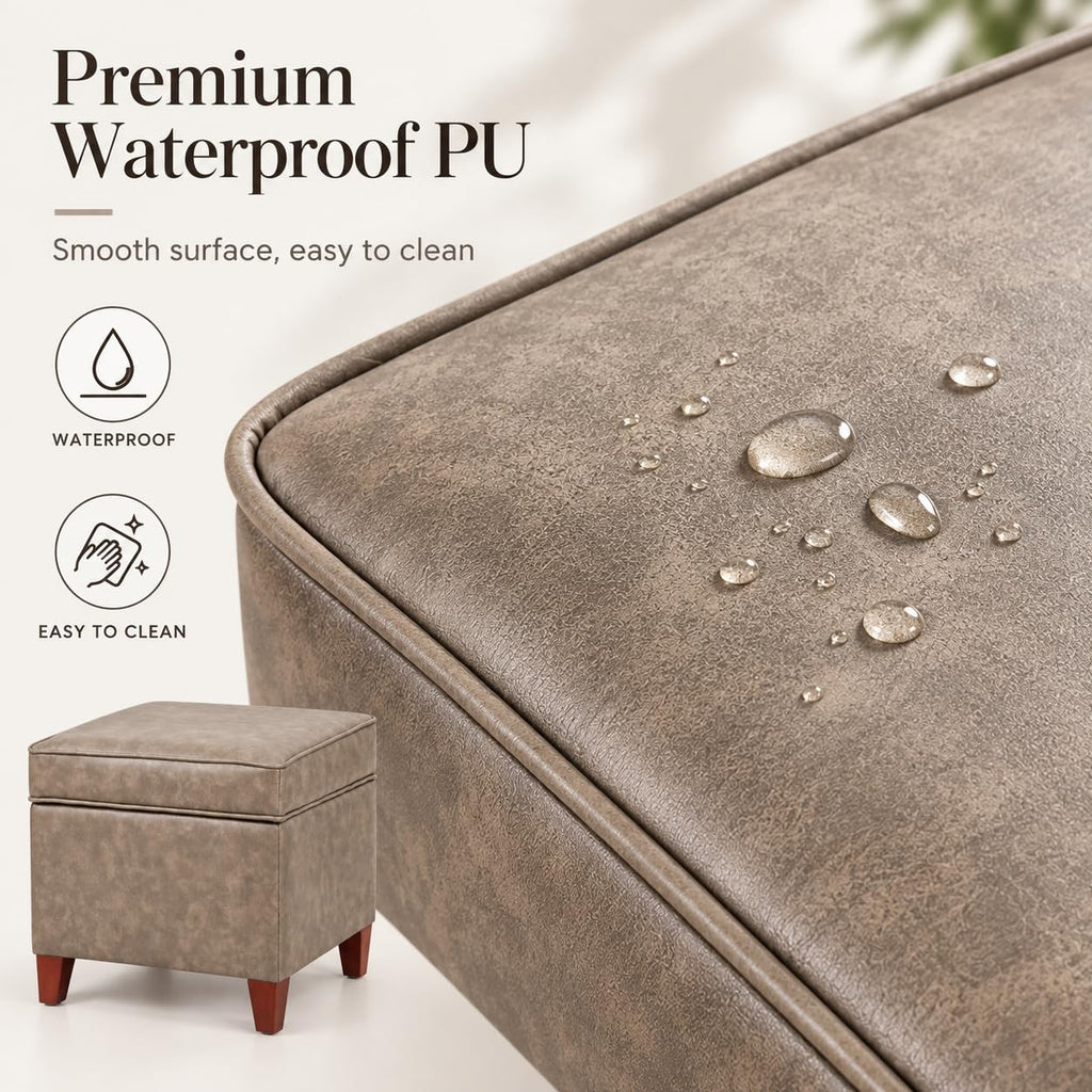17.5" Square Storage Ottoman, Faux Leather Flip Top Footstool & Coffee Table, Upholstered Foot Rest with Wood Legs
