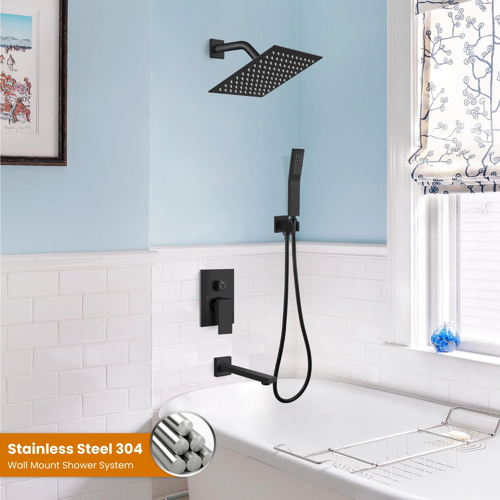 Bathtub Shower Faucet Set, 8 Inch Shower Head, Matte Black