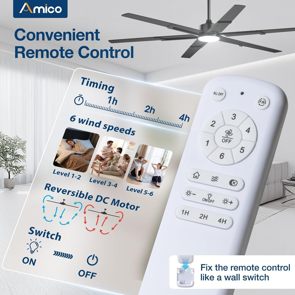 Ceiling Fans with Lights and Remote, 72 Inch Black Indoor/Outdoor Ceiling Fan with 6 Speed, Reversible DC Motor, 3CCT