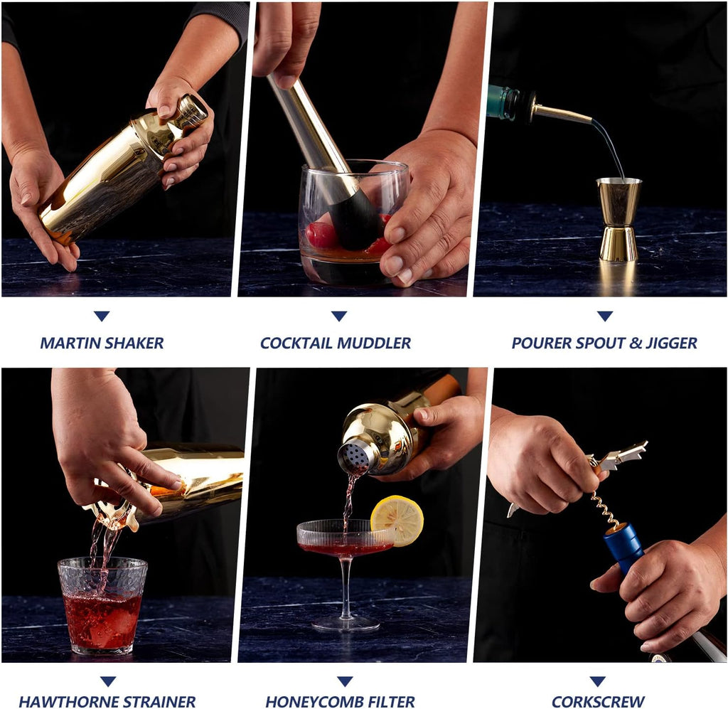 Shakers Bartending, -Cocktail Shaker Set Gold Drink Mixer with 25oz Martini Shaker,Muddler,Bar Spoon and More - Set of 11