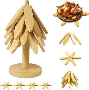 Wooden Trivet Tree Set for Hot Dishes, 100% Natural Wood Trivets, Expandable Design Coasters, Foldable Tree-Sharped - Set of 4
