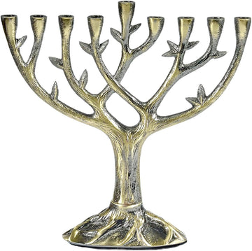 Hanukkah Tree of Life 9 Branch Candle Holder - Tall Textured Antiqued Bronze & Silver Finish Jewish Candlestick
