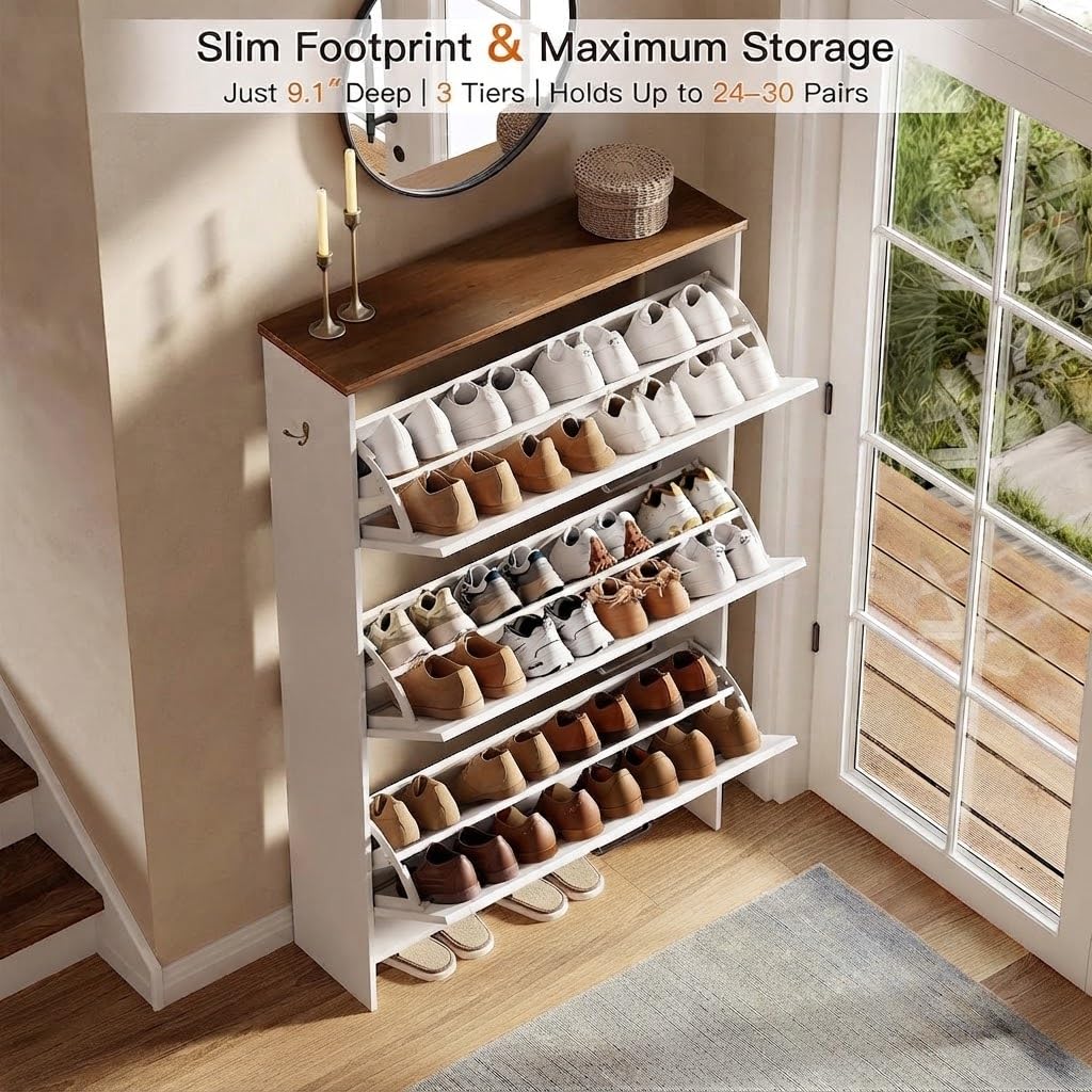 Shoe Cabinet, 3 Flip Drawers & Adjustable Shelves, Ultra Slim Freestanding (9.1" Deep), Holds 30 Pairs, Narrow Shoe