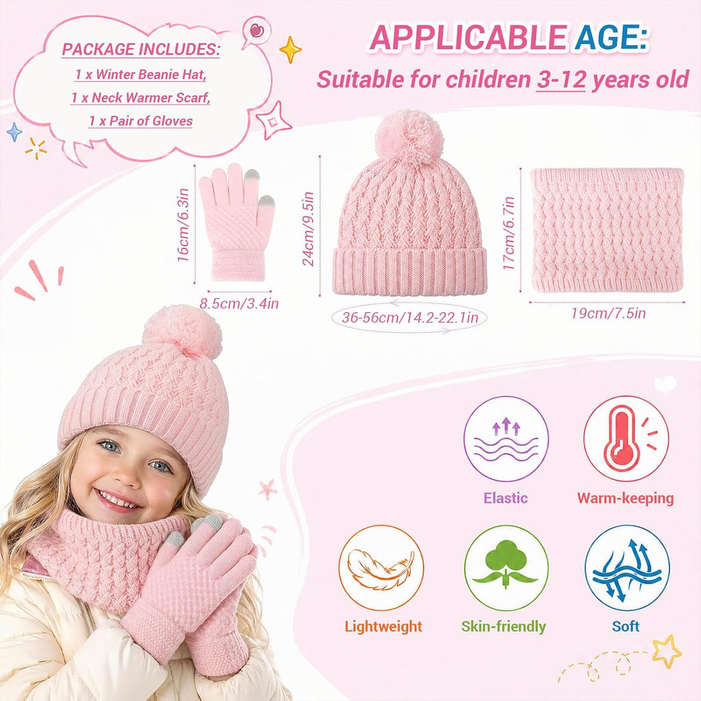 Kids Winter Hat Gloves Scarf Set, Unisex Children Beanie Hat with Pom