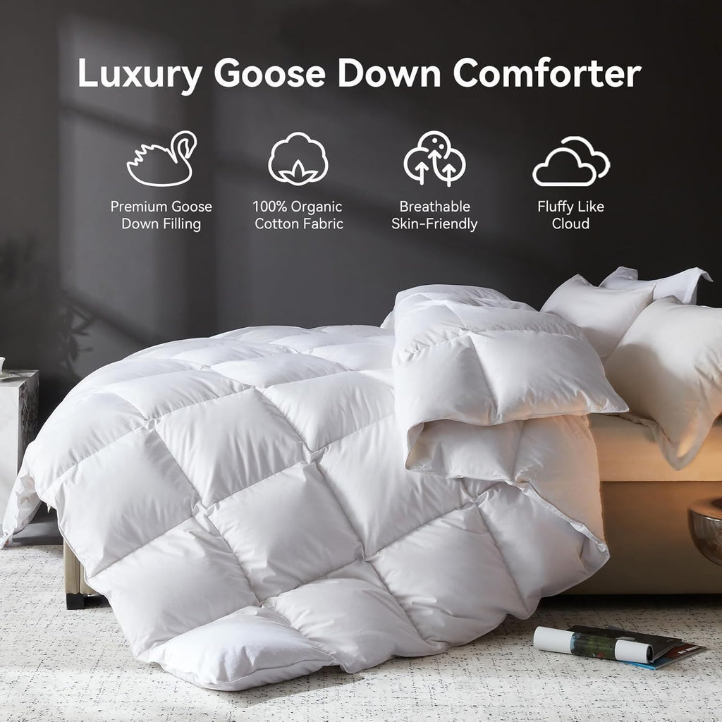 Goose Feather Down Fiber Comforter Queen, 100% Organic Cotton Fabric Duvet Insert,1200TC,750+Fill Po
