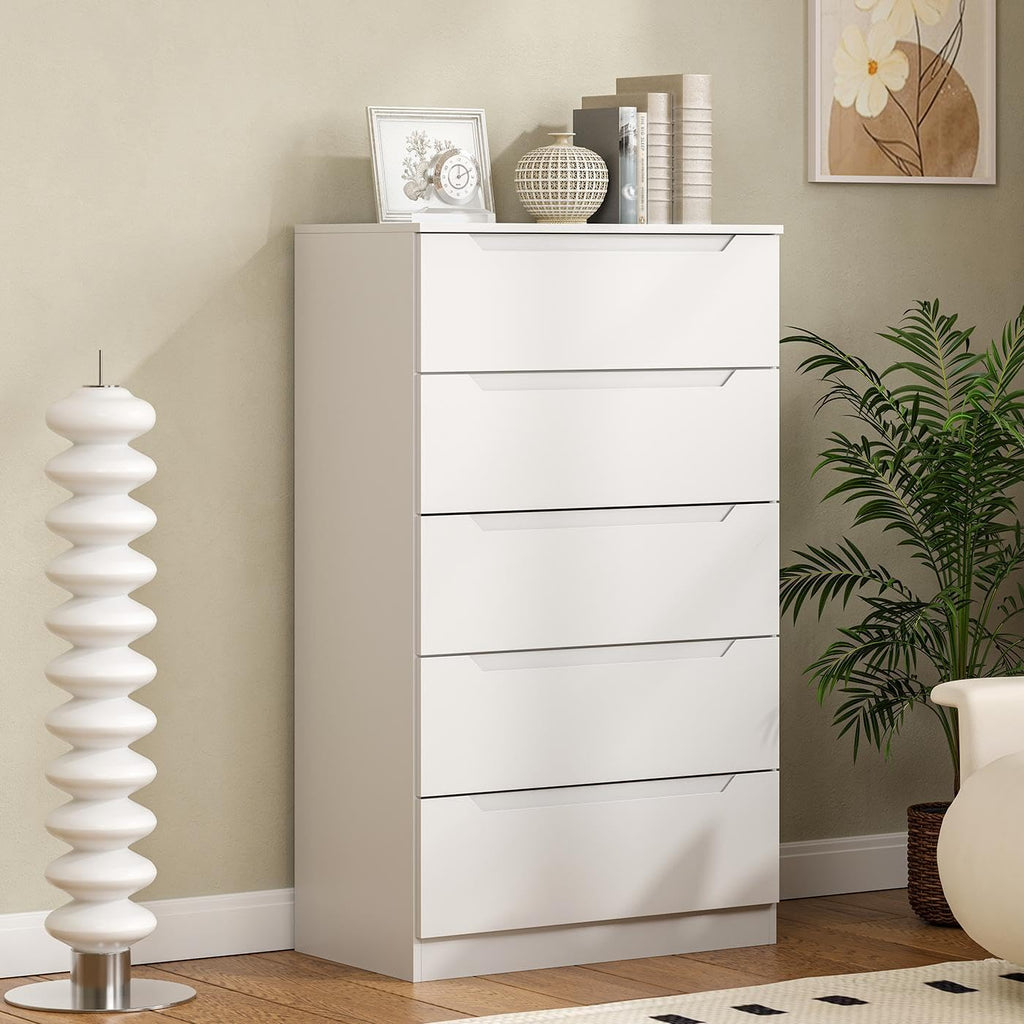 White 5 Drawer, 48" H Tall Modern Chest of Drawers, Wood Storage with Deep Drawers Hallway Entryway, White