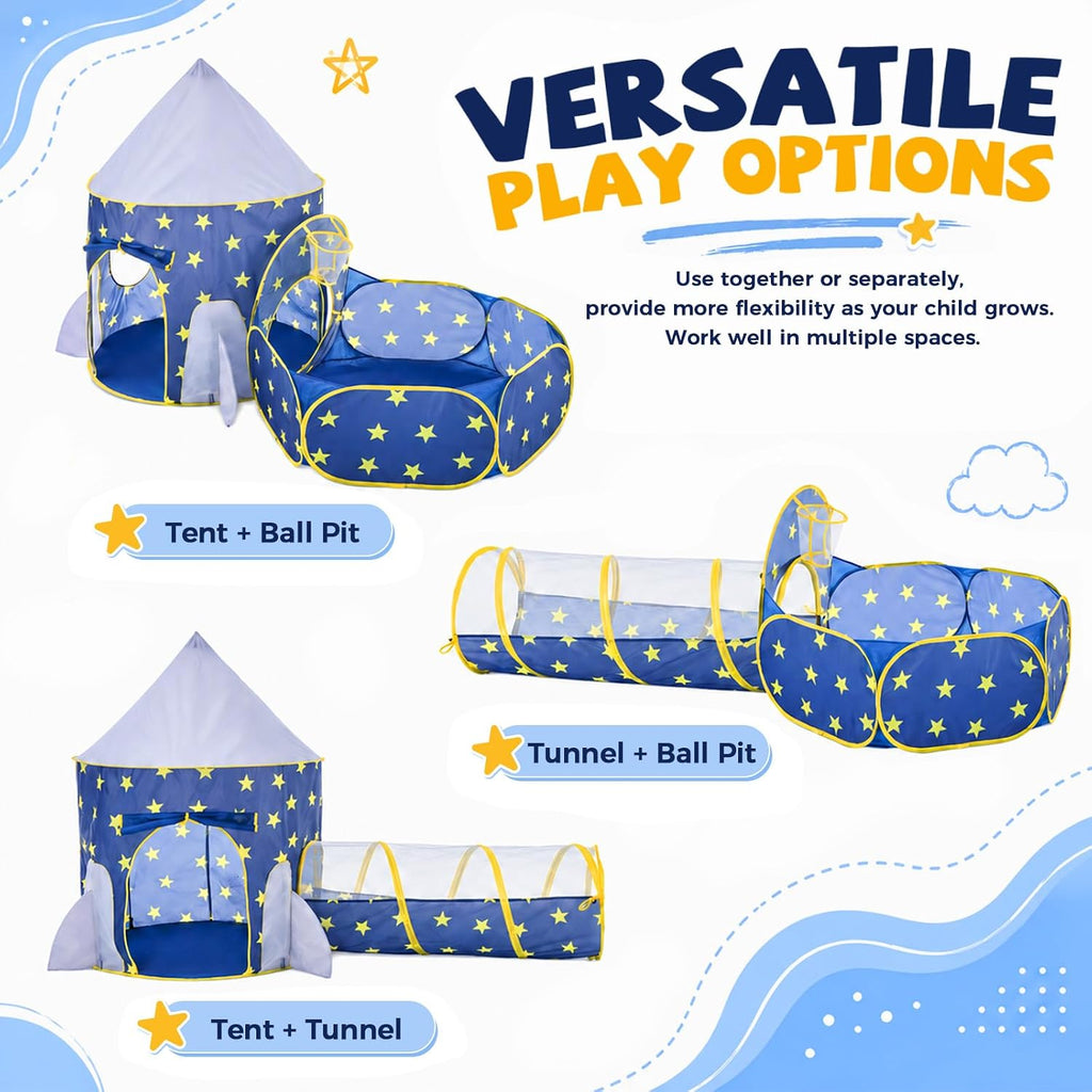 3pc Kids Play Tent for Boys with Ball Pit, Crawl Tunnel, Princess Tents for Toddlers, Baby Space World Playhouse