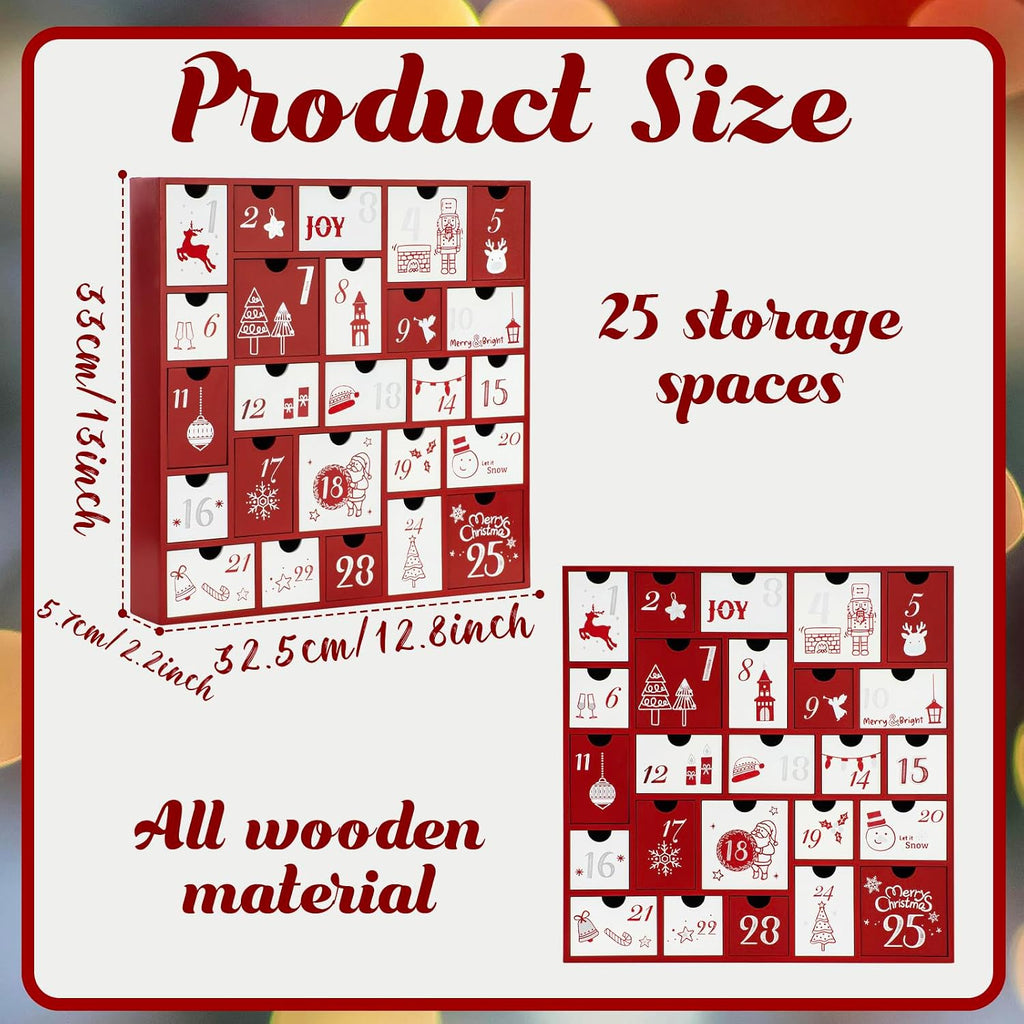2025 Wooden Advent Calendar, 13 Inch Christmas Advent Calendar with 25 Large Drawers, Christmas Countdown Calendar