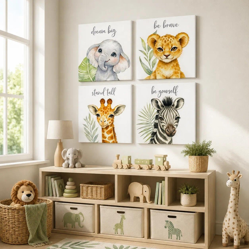 Safari Animal Wall Art Set of 4, 12 x 12 in, Framed Wall Decor