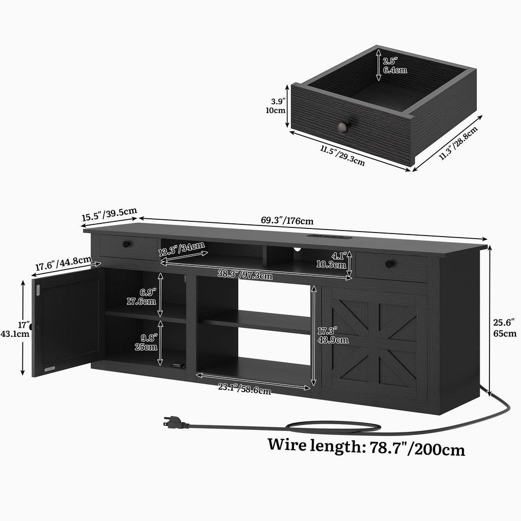 Farmhouse TV Stand with Power Outlet for 80 Inch TVs, Black