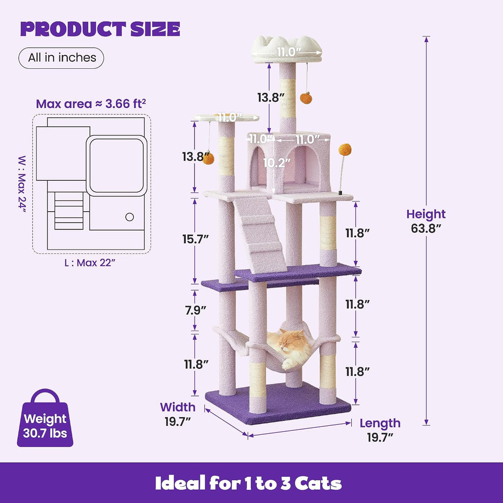 Flower Cat Tree for Indoor Cats, 63.8 Inches Multi-Level Cat Tower with Sisal-Covered Scratching Posts, Padded