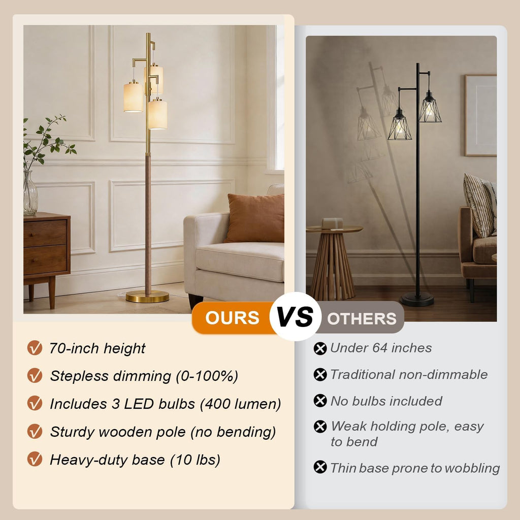 Dimmable Floor Lamps, 70" Wood Walnut Standing Tall Lamp