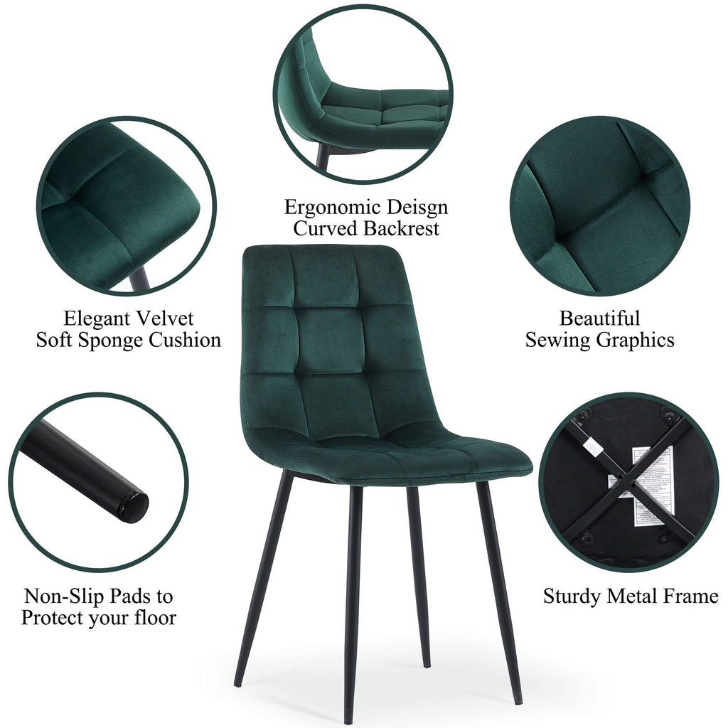 Forest Green Velvet Dining Chairs Set of 4, Upholstered Tufted Kitchen Chairs, Comfortable Seat, Metal Leg, Easy