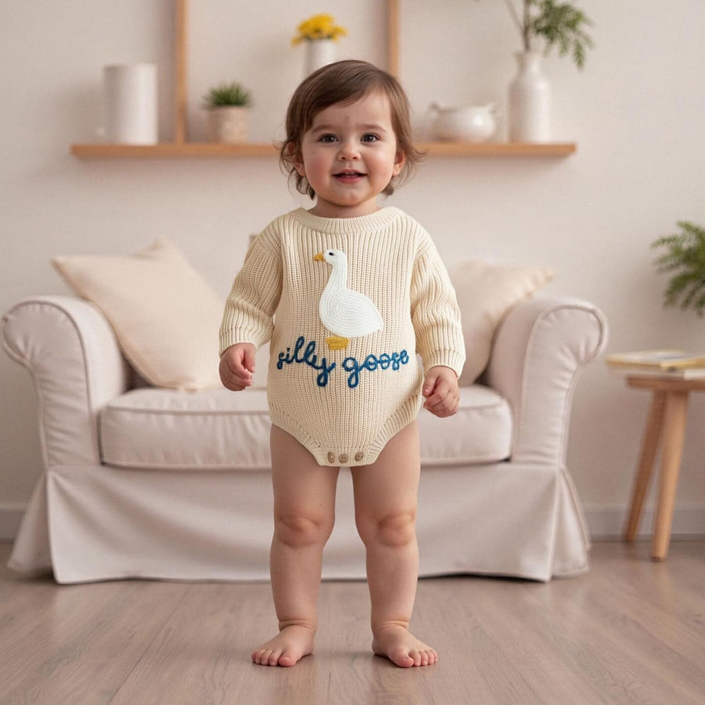 Silly Goose Embroidery Baby Girl Boy Sweater Romper