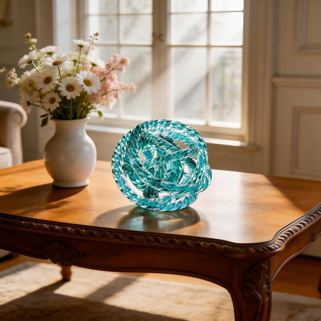 Glass Knot Teal Orbit Ball - 6 Inch Hand Blown Infinity Sculpture Decor Glass Orbit Home Decor Table Decoration