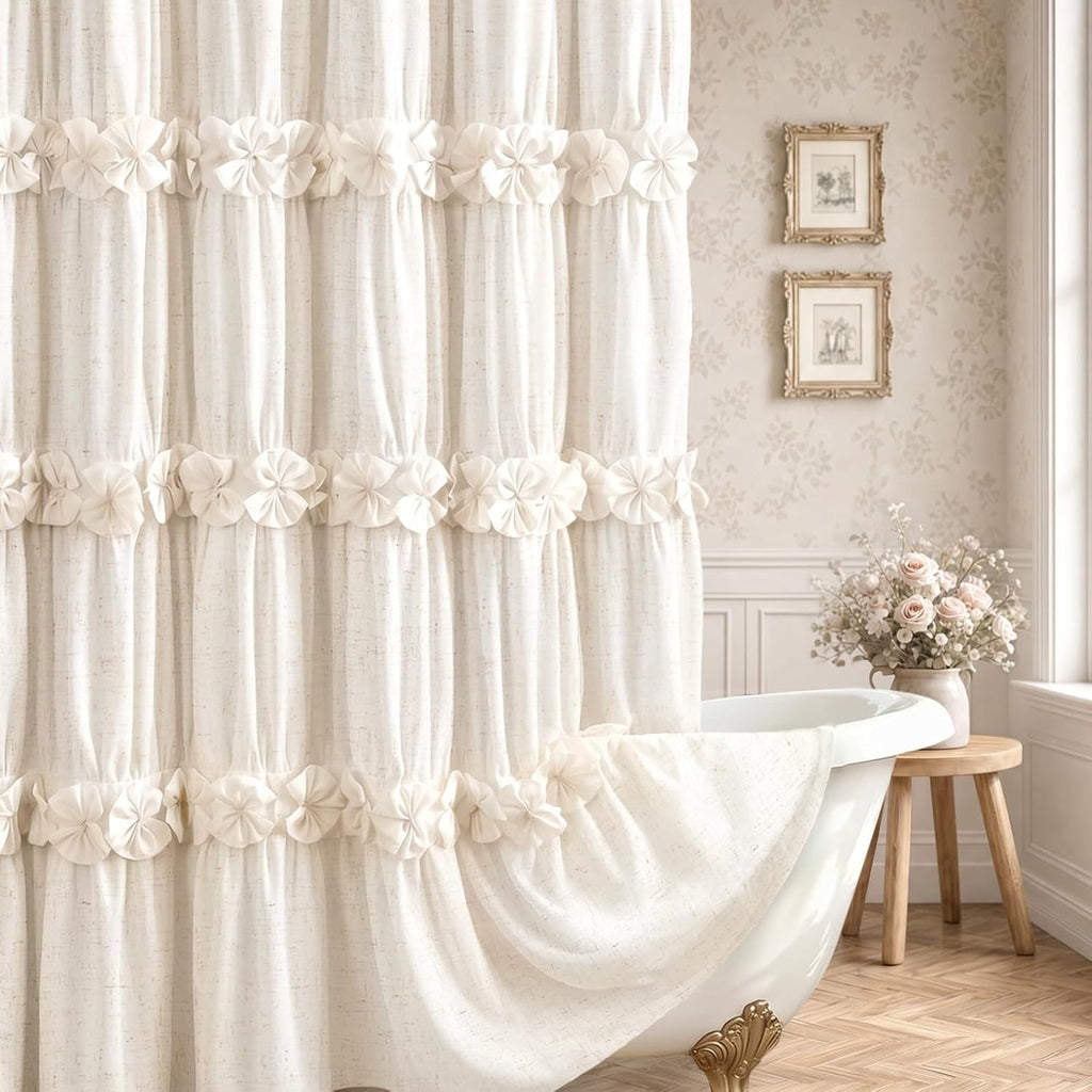 Ruffle Shower Curtain with Bow Vintage Farmhouse Linen Shower Curtain , Cream, 72" W x 72" H