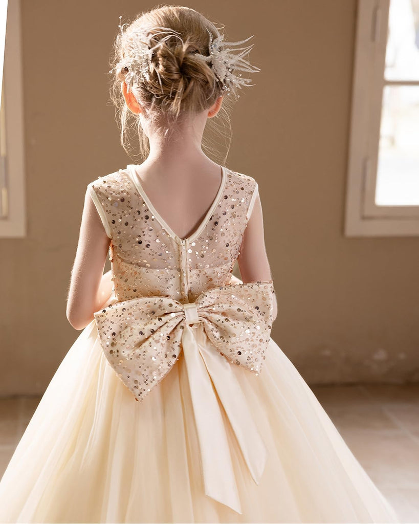 Sequin Tulle Dress Formal Pageant Sparkly Birthday Party Wedding Guest Ball Gown Dresses with Bow
