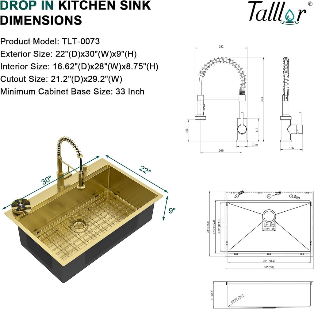 30x22 Gold Drop Sink with Faucet, Workstation 16 Gauge T-304 Stainless Steel Single Bowl Topmount Kitchen Sinks with