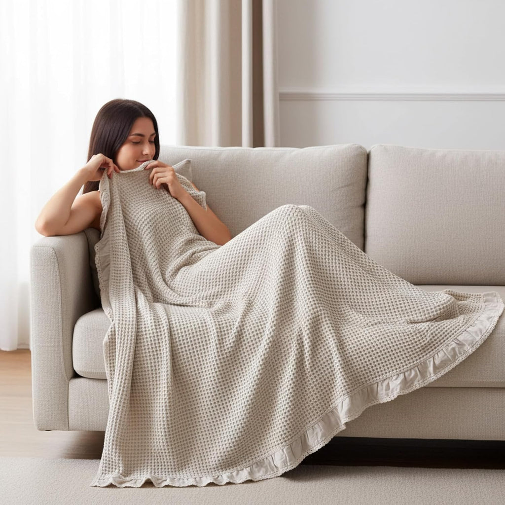 Waffle Weave Blanket 43" x 63" 100% Cotton Neutral Boho Farmhouse Woven Knitted Beige Throw with Ruffles Warm Soft