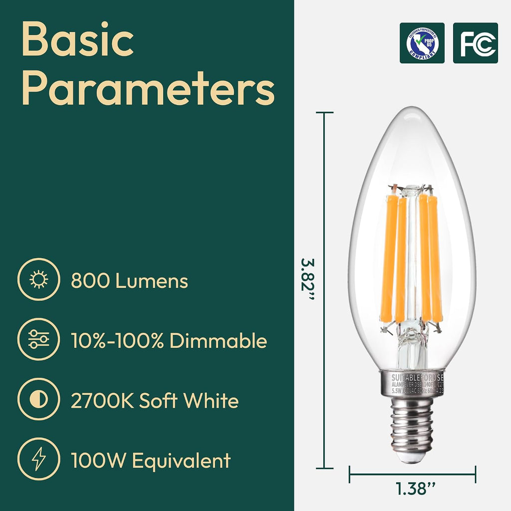 6 Pack Chandelier Light Bulbs 100 Watt Equivalent, 800LM Bright Dimmable LED Light Bulb, E12 Base, 2700K Soft White